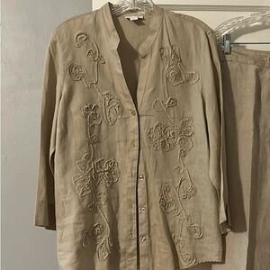 Charter Club Tan Linen Embroidered Blouse, Size 14